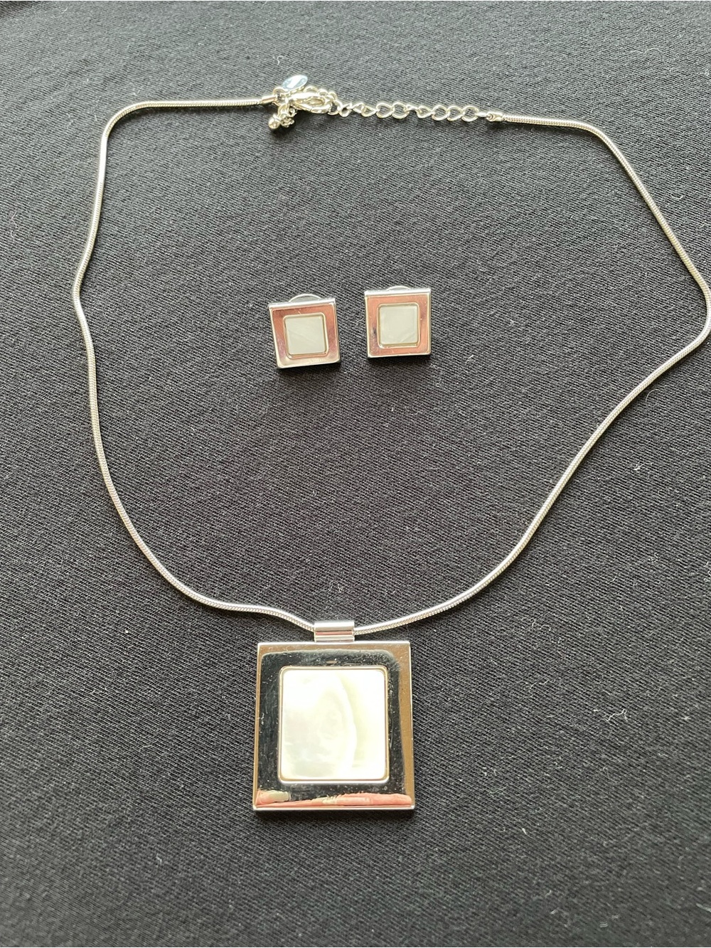 Cookie Lee Silver Square Pendant Necklace and Stud Earrings Set with White Inlay